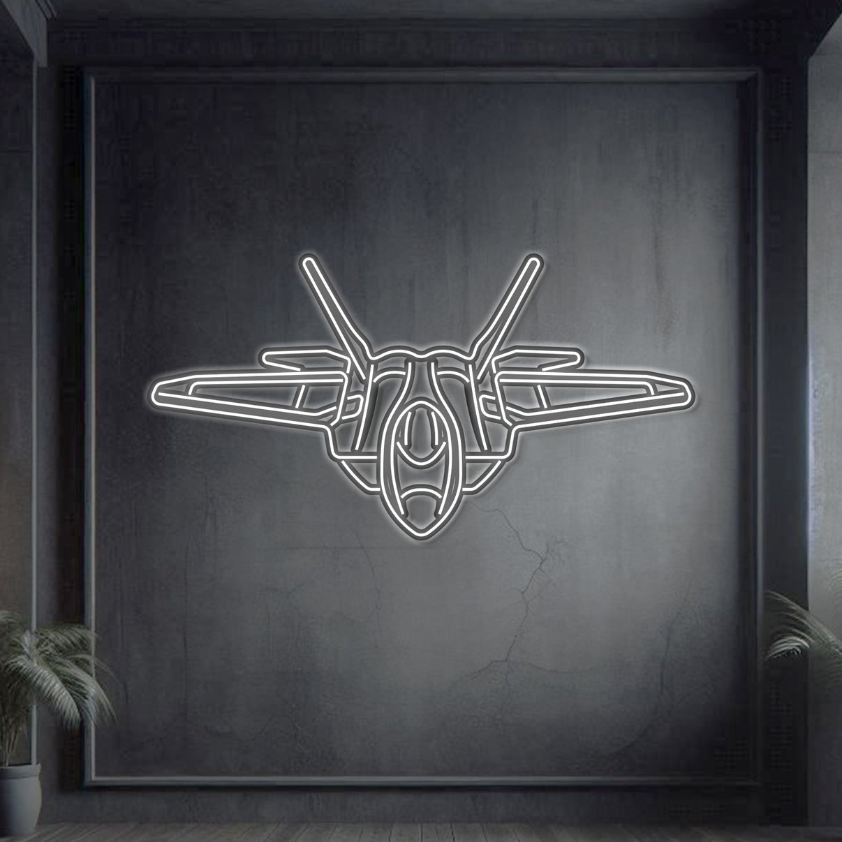F-22 Raptor angled silhouette neon wall art, laser-cut steel with glowing neon outline and dramatic 3D elevation