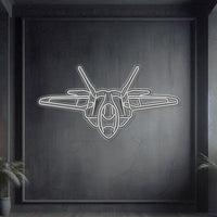 F-22 Raptor angled silhouette neon wall art, laser-cut steel with glowing neon outline and dramatic 3D elevation