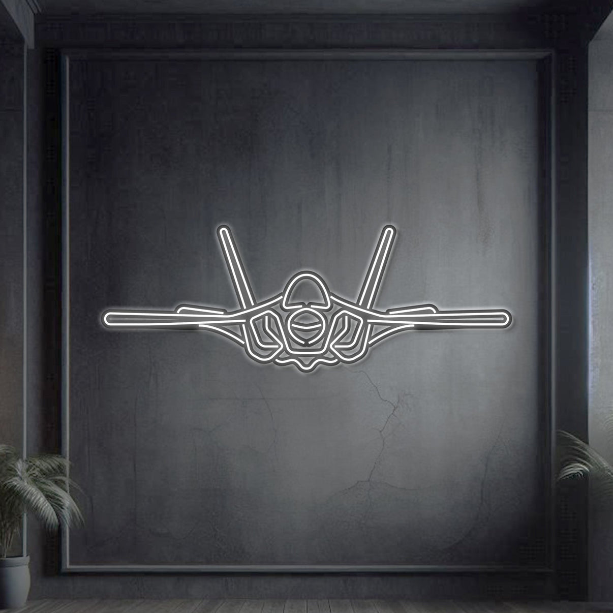 F‑35A Lightning II front-view neon silhouette wall art, laser‑cut steel with glowing neon outline and dynamic 3D elevation