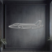 F‑35A Lightning II frontal neon silhouette wall art, laser‑cut steel with glowing neon outline and striking 3D elevation