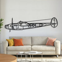 Lockheed P-38L Lightning metal aircraft wall art, laser-cut 2 mm textured steel with matte powder-coated finish