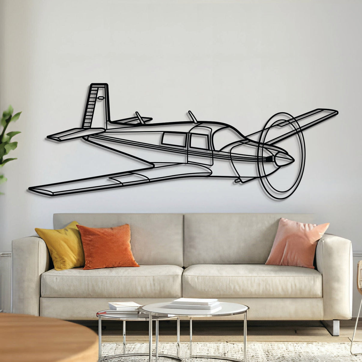 M20J Angle metal aircraft wall art in 2 mm laser-cut steel with matte powder-coated textured finish and 1 cm elevation screws for a sophisticated 3D effect