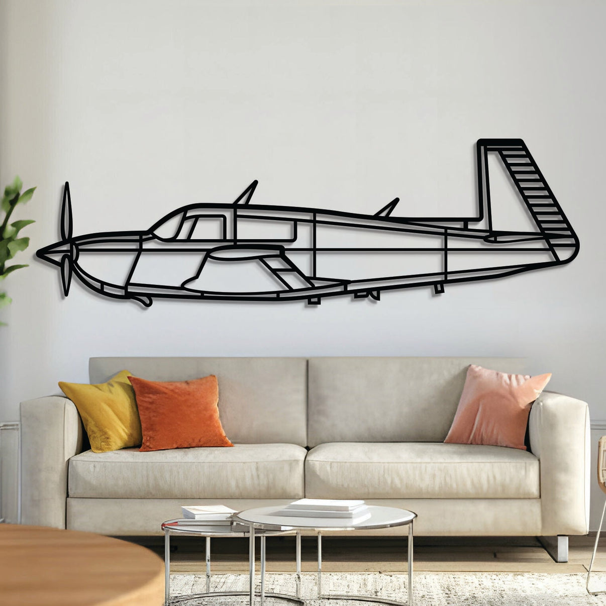 M20J (Mooney M20J 201) metal aircraft wall art, laser-cut 2 mm steel with matte textured finish and 3D elevation