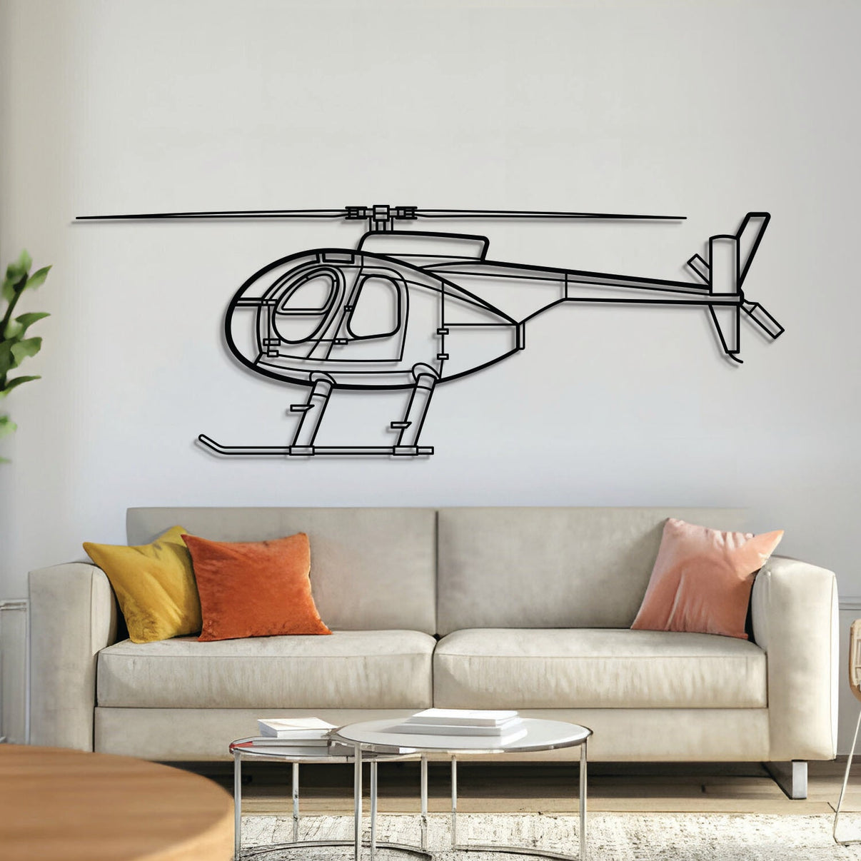 MD‑500C Front metal aircraft wall art in 2 mm laser-cut steel with matte powder-coated textured finish and 1 cm elevation screws for a floating 3D look