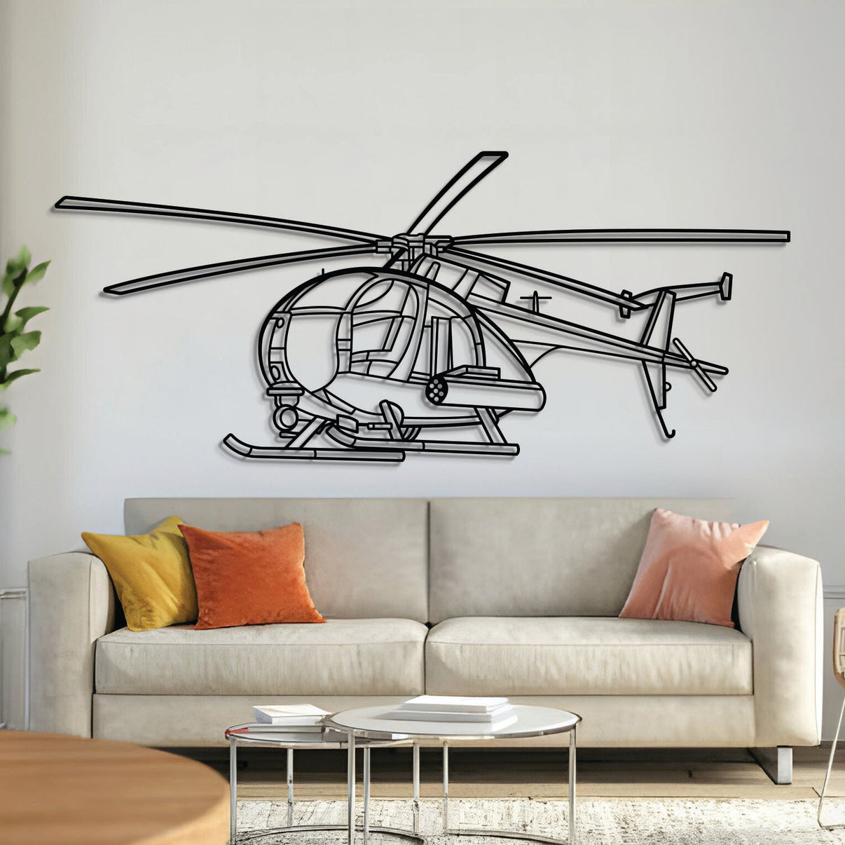 MH‑6 Little Bird metal aircraft wall art, laser‑cut 2 mm steel with matte powder coat and floating 3D effect