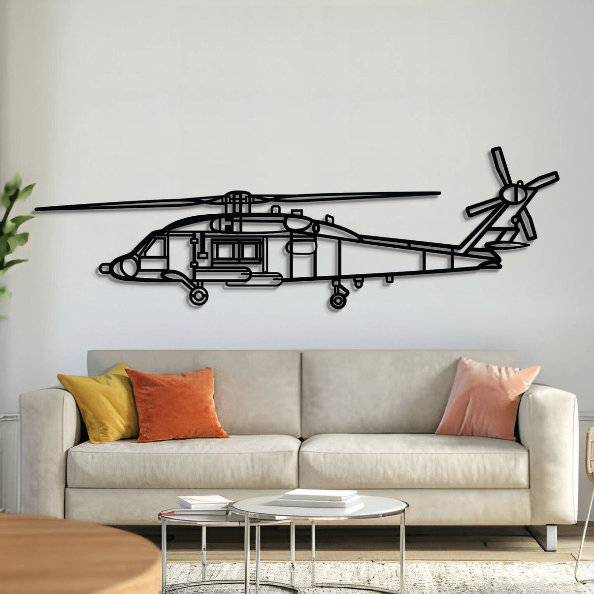 MH‑60 Seahawk metal aircraft wall art, laser‑cut 2 mm steel with matte textured finish and 3D elevation