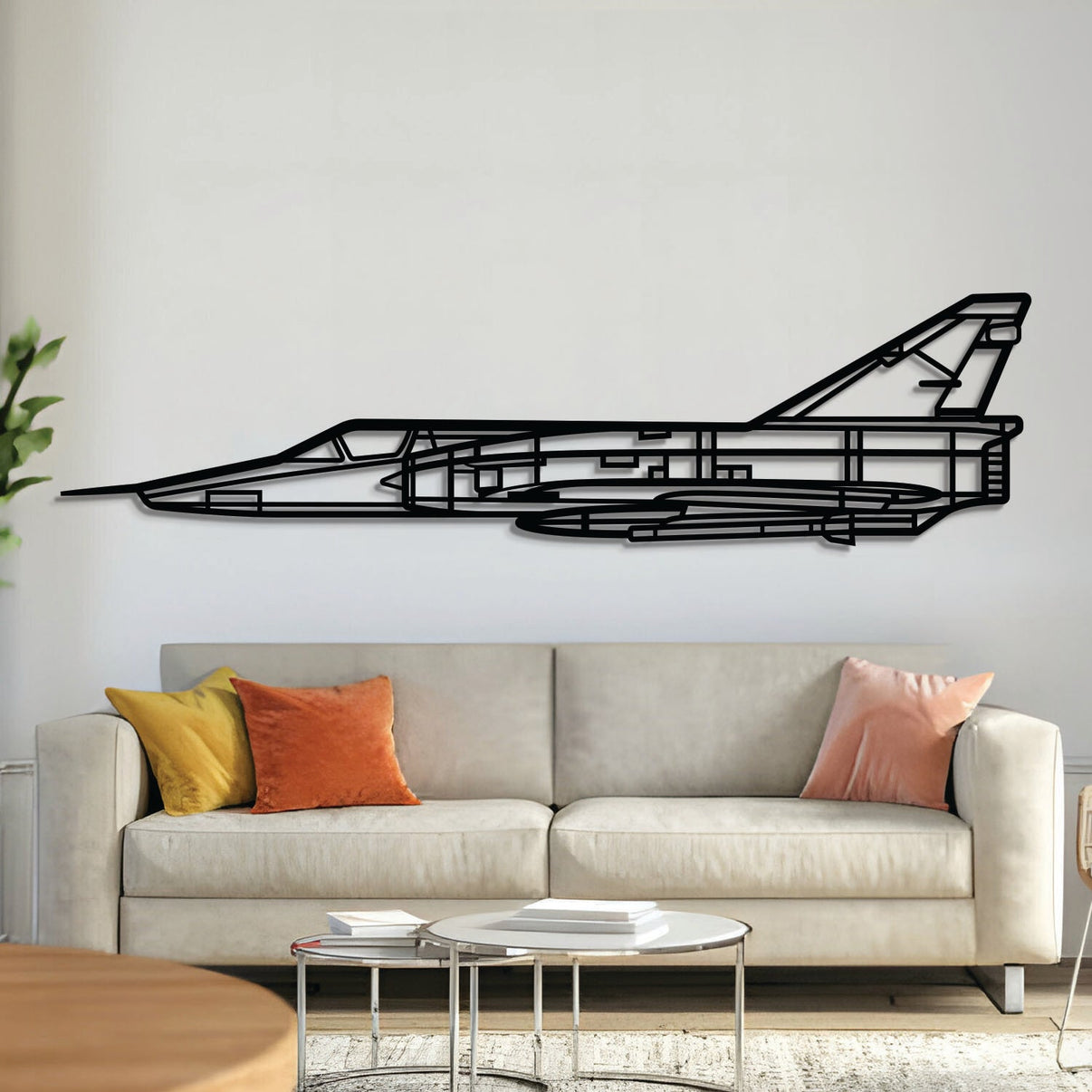 Mirage III metal aircraft wall art, laser-cut 2 mm steel with matte textured finish and 3D elevation