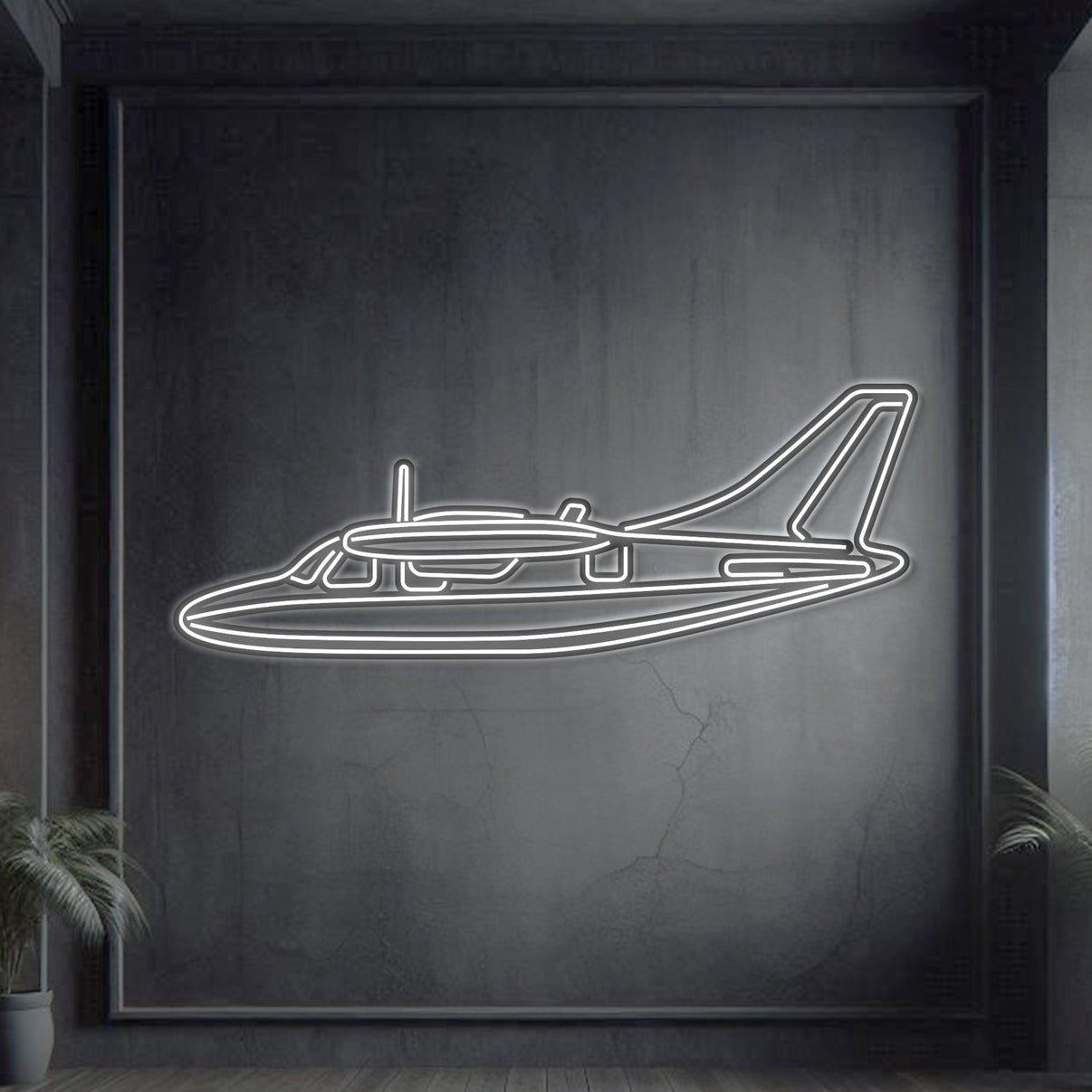 Mitsubishi MU‑2K twin‑turboprop neon silhouette wall art, laser‑cut steel with glowing neon outline and striking 3D elevation