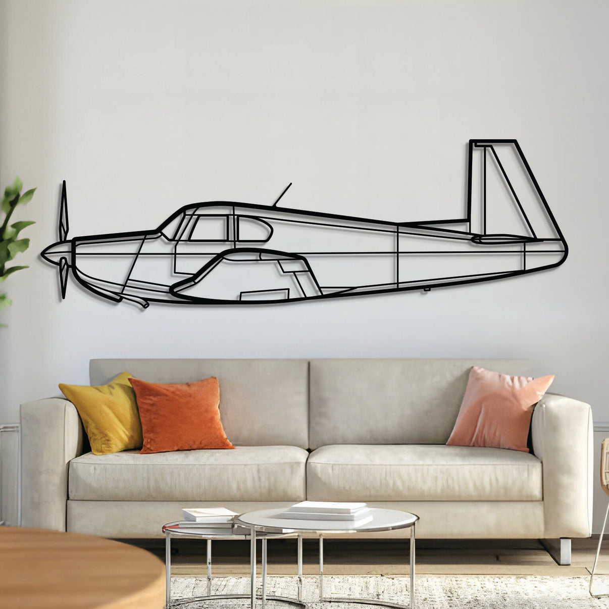 Mooney M20E metal airplane wall art – laser-cut steel silhouette with matte textured finish and 3D floating effect