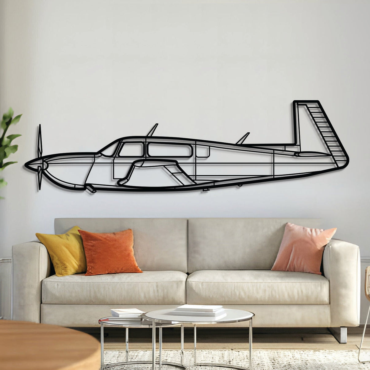 Mooney M20M metal airplane wall art – laser-cut steel silhouette with matte black finish and 3D floating effect