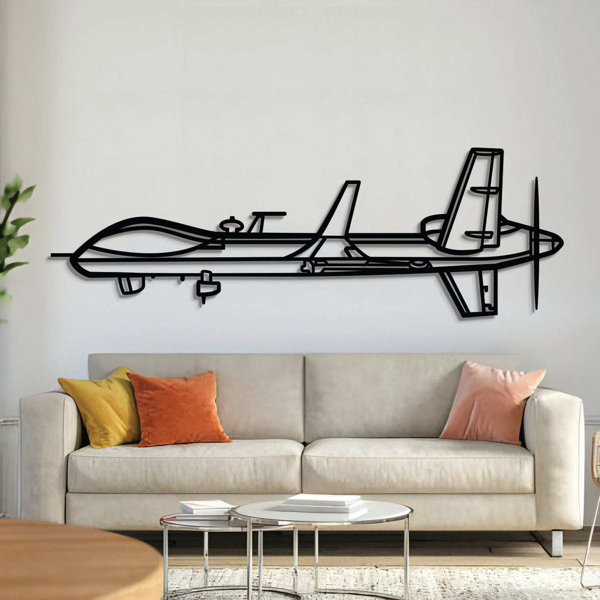 MQ‑9B Reaper metal aircraft wall art, laser-cut 2 mm steel with matte textured finish and 3D elevation