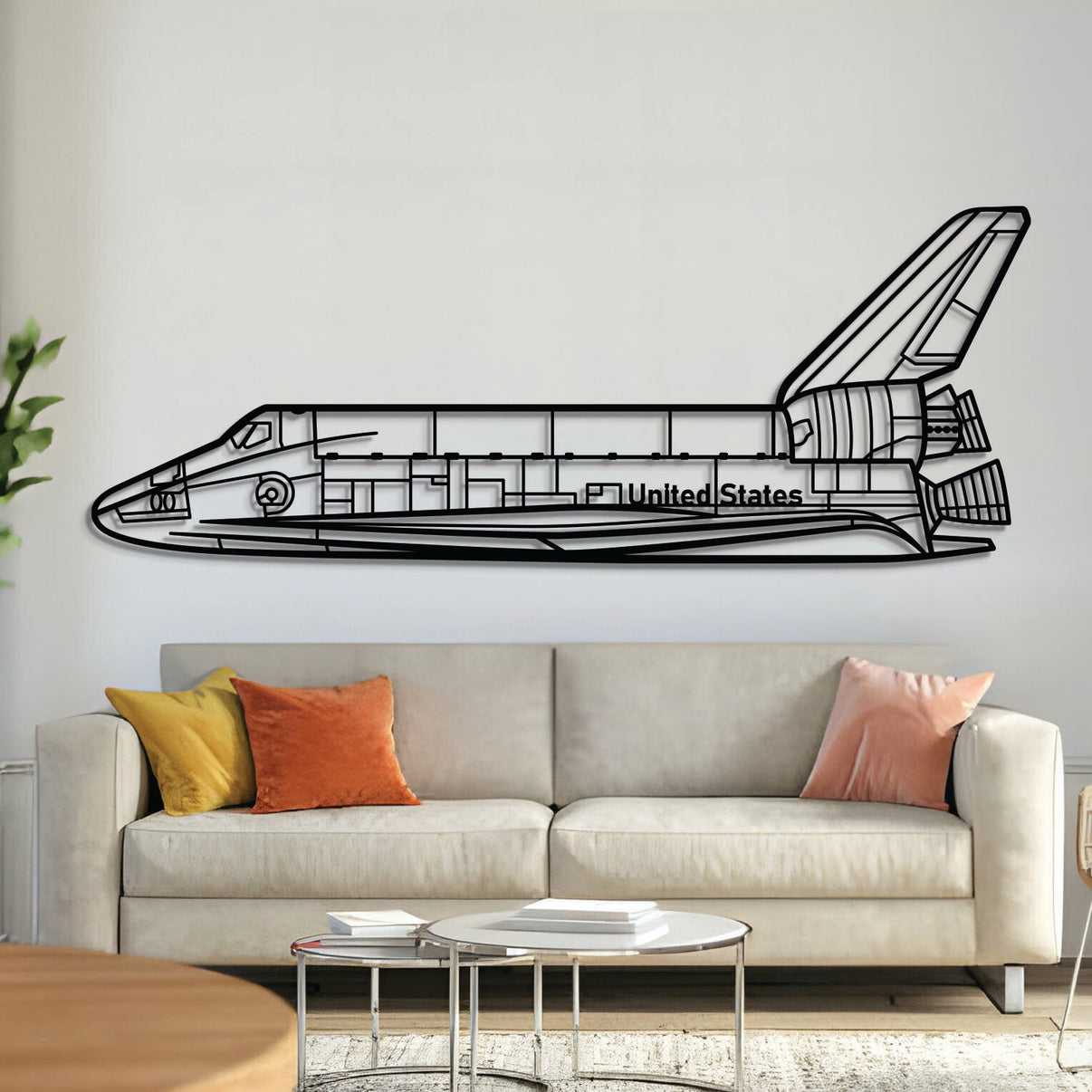 Space Shuttle orbiter metal wall art – laser-cut matte black steel silhouette with floating 3D effect