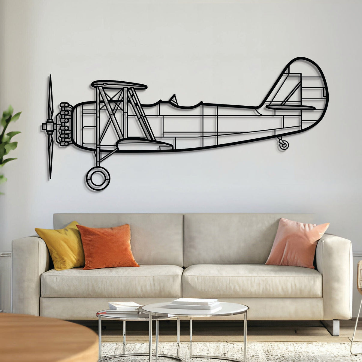 Naval Aircraft Factory N3N‑3 ‘Yellow Peril’ World War II biplane trainer silhouette – laser-cut 2 mm steel, textured matte powder‑coat, ready to hang