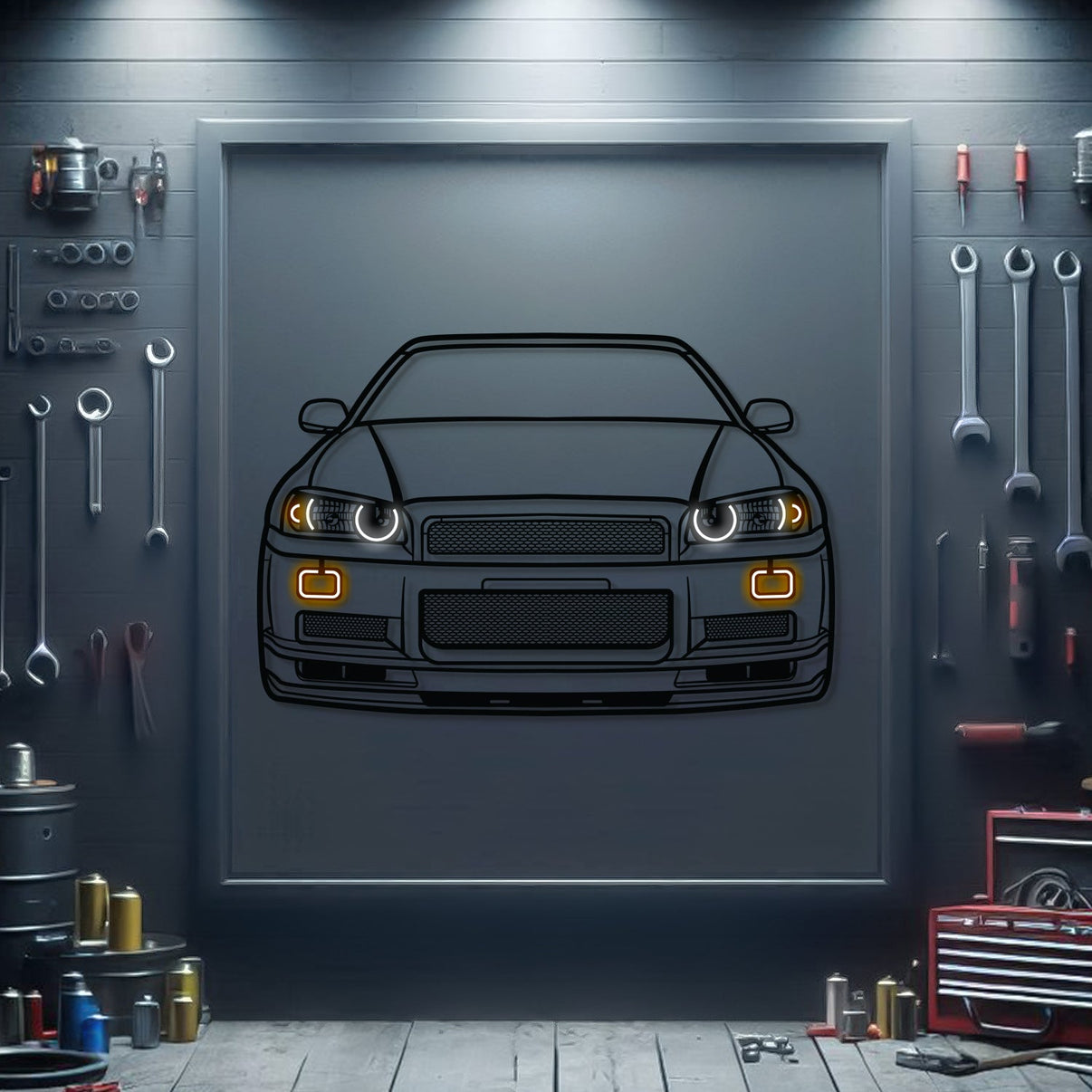 Nissan Skyline GT‑R R34 front view metal neon wall art – laser‑cut steel décor for JDM supercar enthusiasts