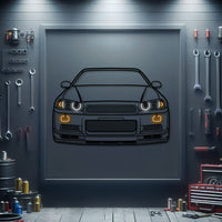 Nissan Skyline GT‑R R34 front view metal neon wall art – laser‑cut steel décor for JDM supercar enthusiasts