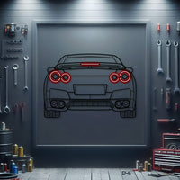Neon‑lit R35 GT‑R taillights silhouette – bold tuner culture statement piece for performance car garages