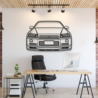 Nissan Skyline GT‑R R34 front view metal wall art – laser‑cut steel silhouette with matte powder‑coated finish