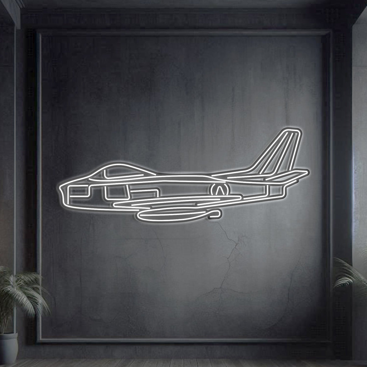 F‑86 Sabre swept‑wing jet fighter neon silhouette wall art, laser‑cut steel with glowing neon outline and dynamic 3D elevation