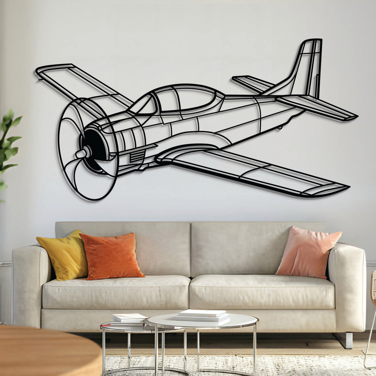 T-28 Trojan trainer aircraft metal wall art – laser-cut matte black steel silhouette with angled side profile