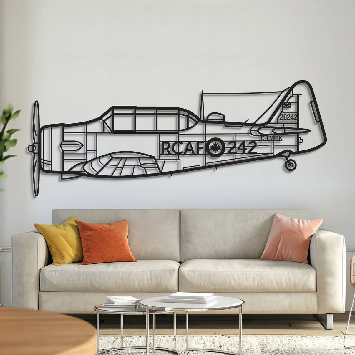 North American Harvard trainer aircraft silhouette metal wall art, laser‑cut 2 mm textured steel with matte finish