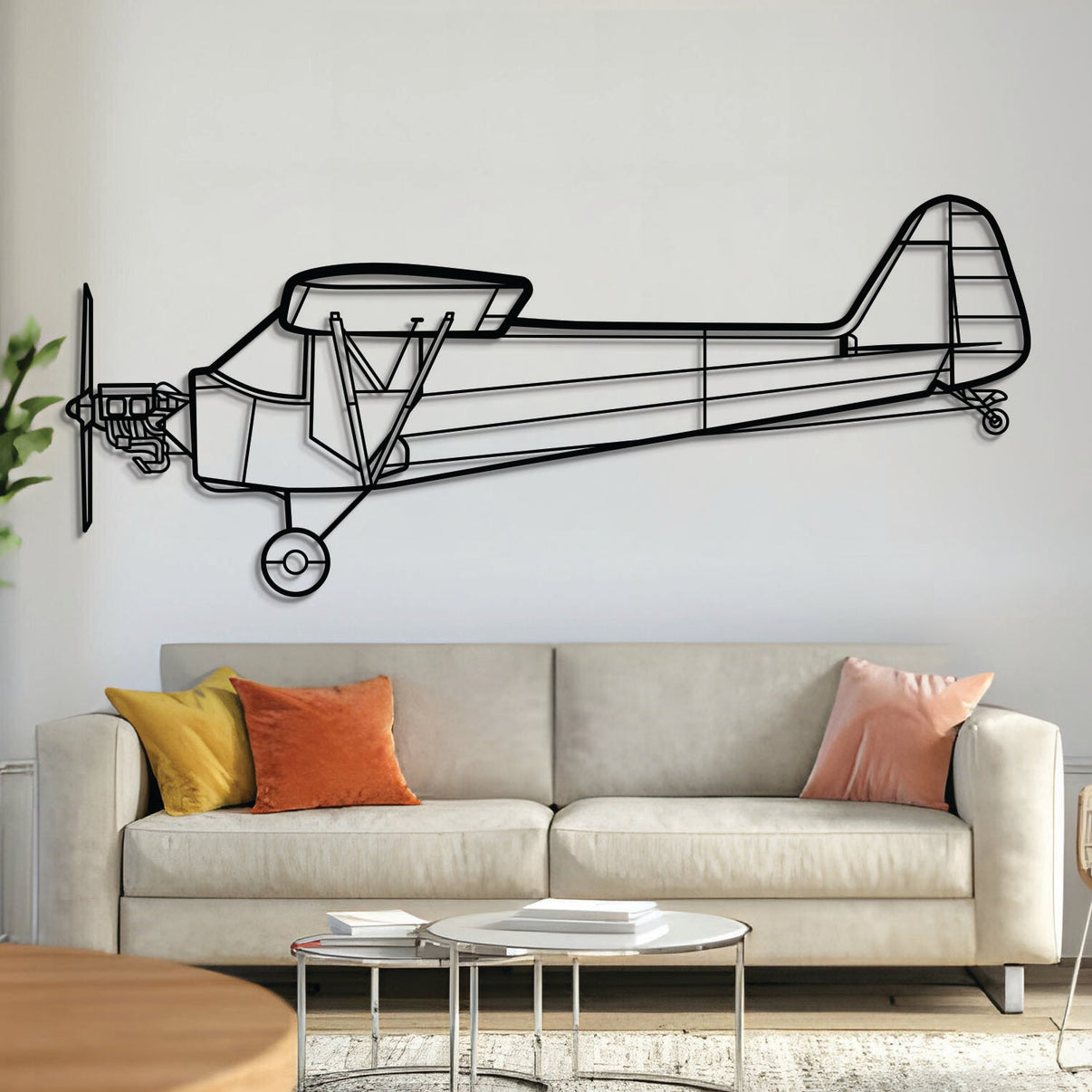 Piper J-3 Cub metal aircraft wall art in 2 mm laser-cut steel with matte powder-coated textured finish and 3D elevation screws