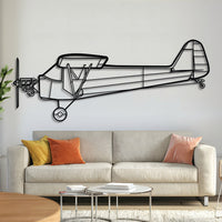 Piper J-3 Cub metal aircraft wall art in 2 mm laser-cut steel with matte powder-coated textured finish and 3D elevation screws