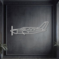 Piper PA-46‑350P Malibu Mirage neon silhouette wall art, laser‑cut steel with glowing neon outline and striking 3D elevation