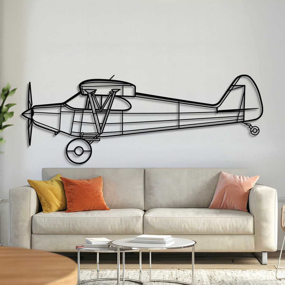 Piper PA‑12 Super Cruiser high‑wing taildragger silhouette – laser‑cut 2 mm steel, textured matte powder‑coat finish, pilot‑ready on wall