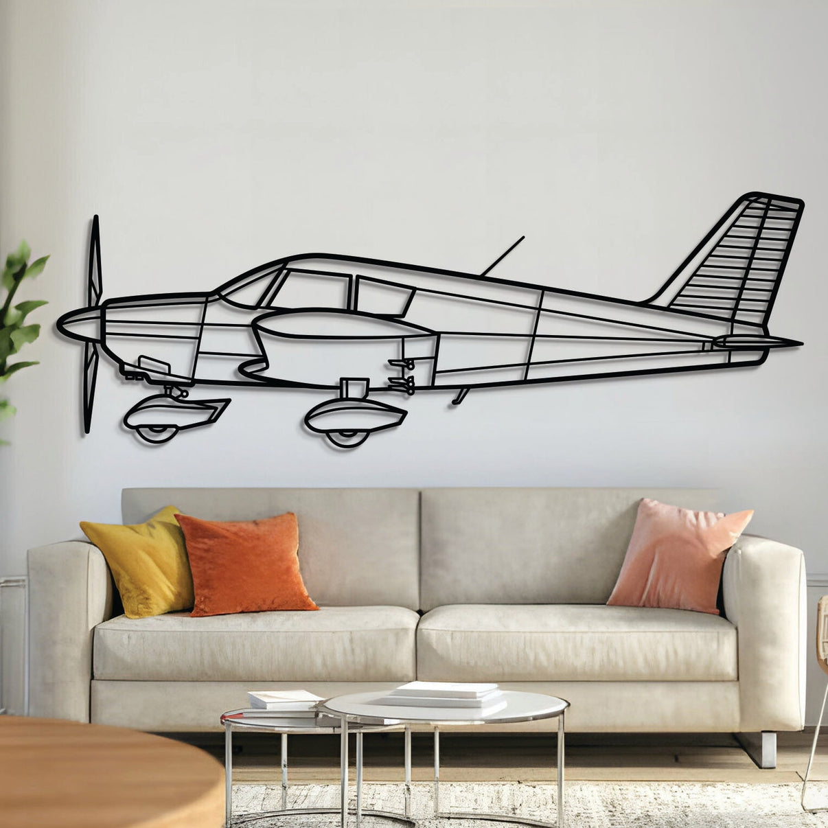 Piper Cherokee PA‑28‑140 light aircraft silhouette — laser‑cut matte‑black steel wall art with floating 3D effect