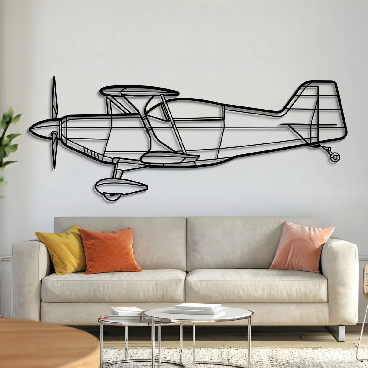 Pitts S2-C metal aircraft wall art in 2 mm laser-cut steel with matte powder-coated textured finish and 3D elevation screws