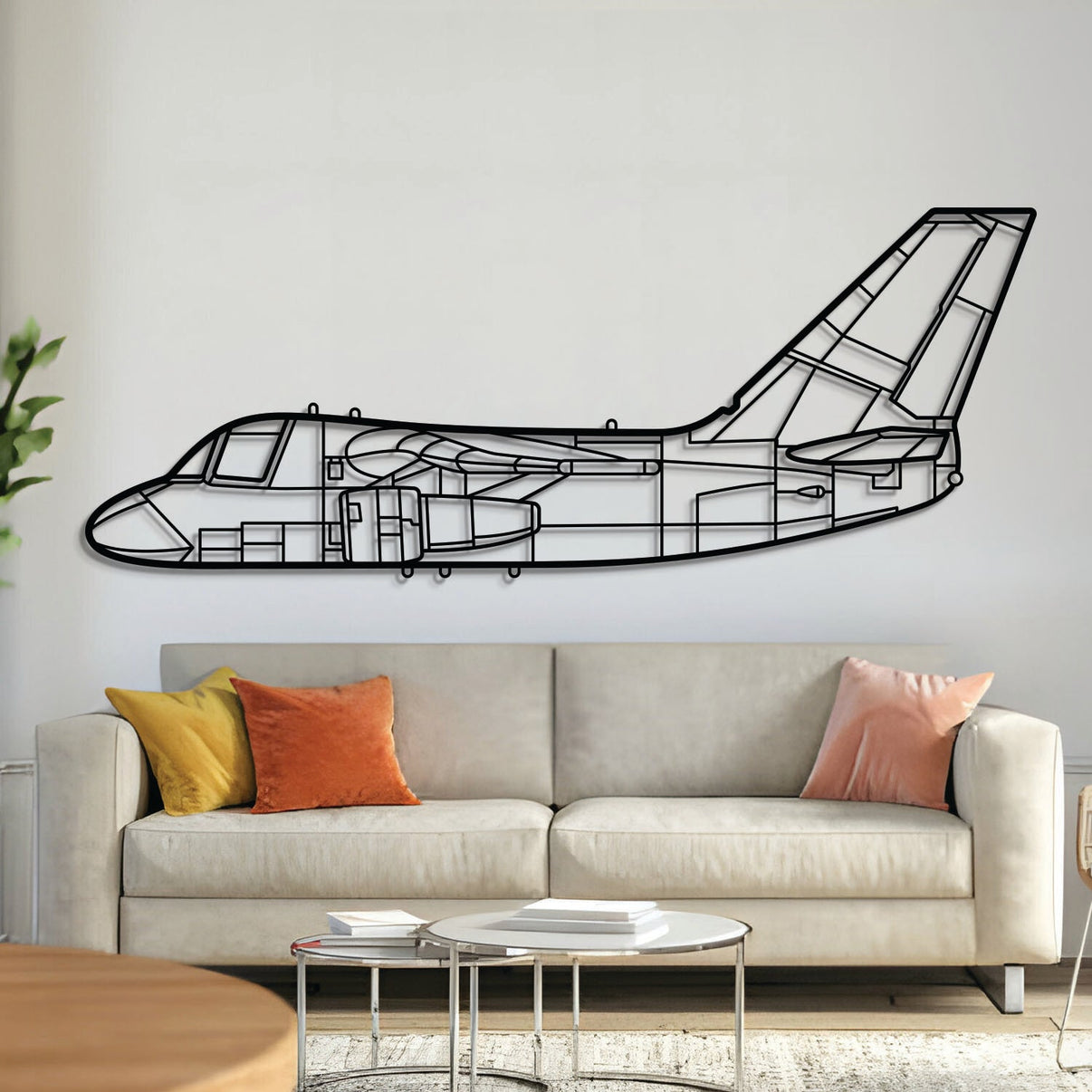 S‑3 Viking metal aircraft wall art in 2 mm laser‑cut steel with matte powder‑coated textured finish and 3D elevation screws lifting it 1 cm off the wall