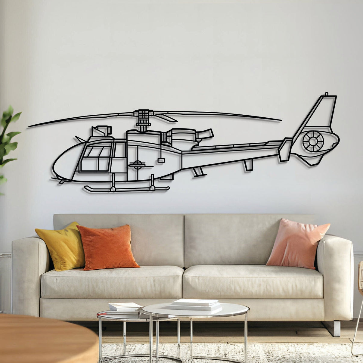 SA342M1 Gazelle metal aircraft wall art in 2 mm laser‑cut steel with matte powder‑coated textured finish and 1 cm elevation screws for an elegant 3D effect