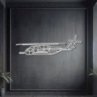 CH‑53E Super Stallion twin‑rotor heavy‑lift helicopter neon silhouette wall art, laser‑cut steel with bold rotors and sculptural 3D elevation