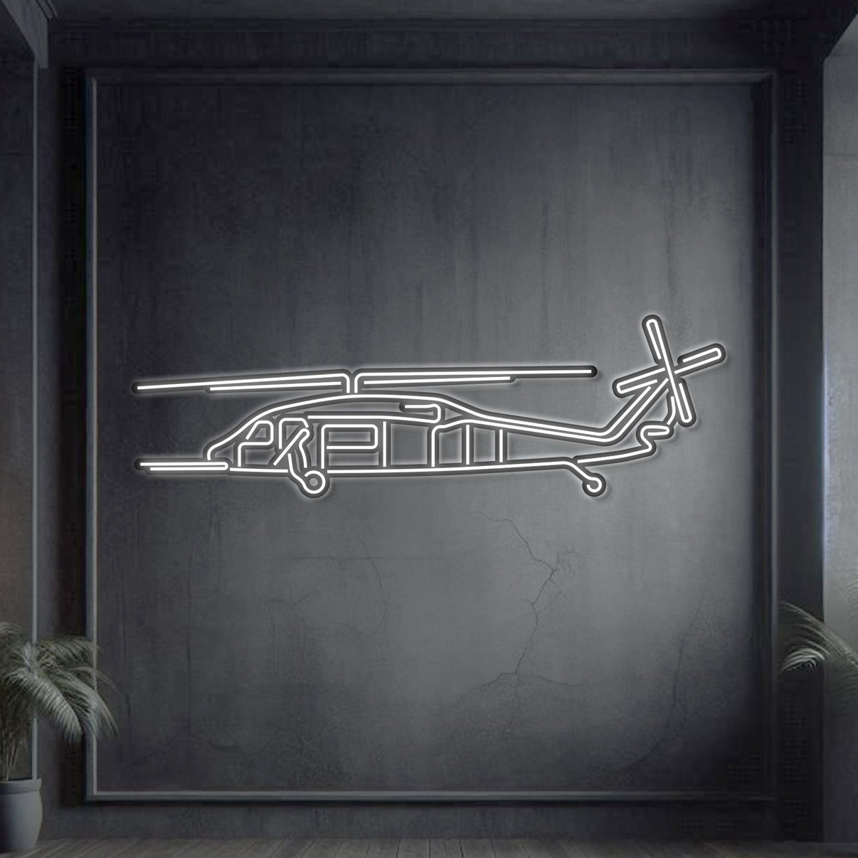 HH‑60 Pave Hawk combat rescue helicopter neon silhouette wall art, laser‑cut steel with glowing neon outline and bold 3D elevation