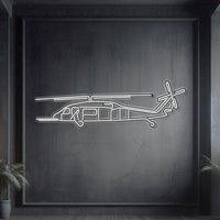 HH‑60 Pave Hawk combat rescue helicopter neon silhouette wall art, laser‑cut steel with glowing neon outline and bold 3D elevation