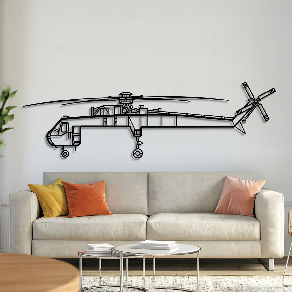 S‑64 Skycrane metal aircraft wall art, laser‑cut 2 mm steel with matte powder coat and floating 3D effect
