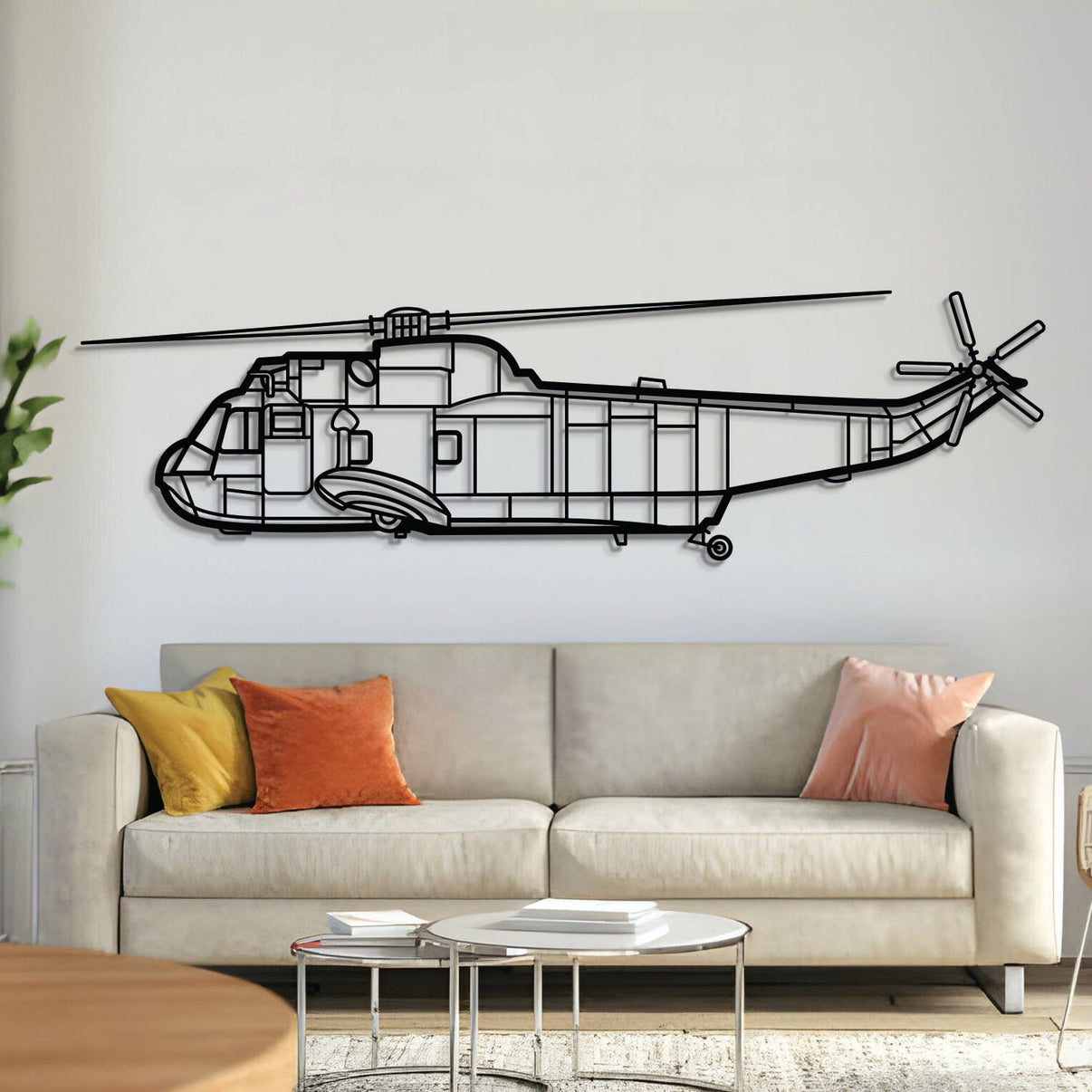 SH-3 Sea King naval helicopter metal wall art – laser-cut matte black steel silhouette