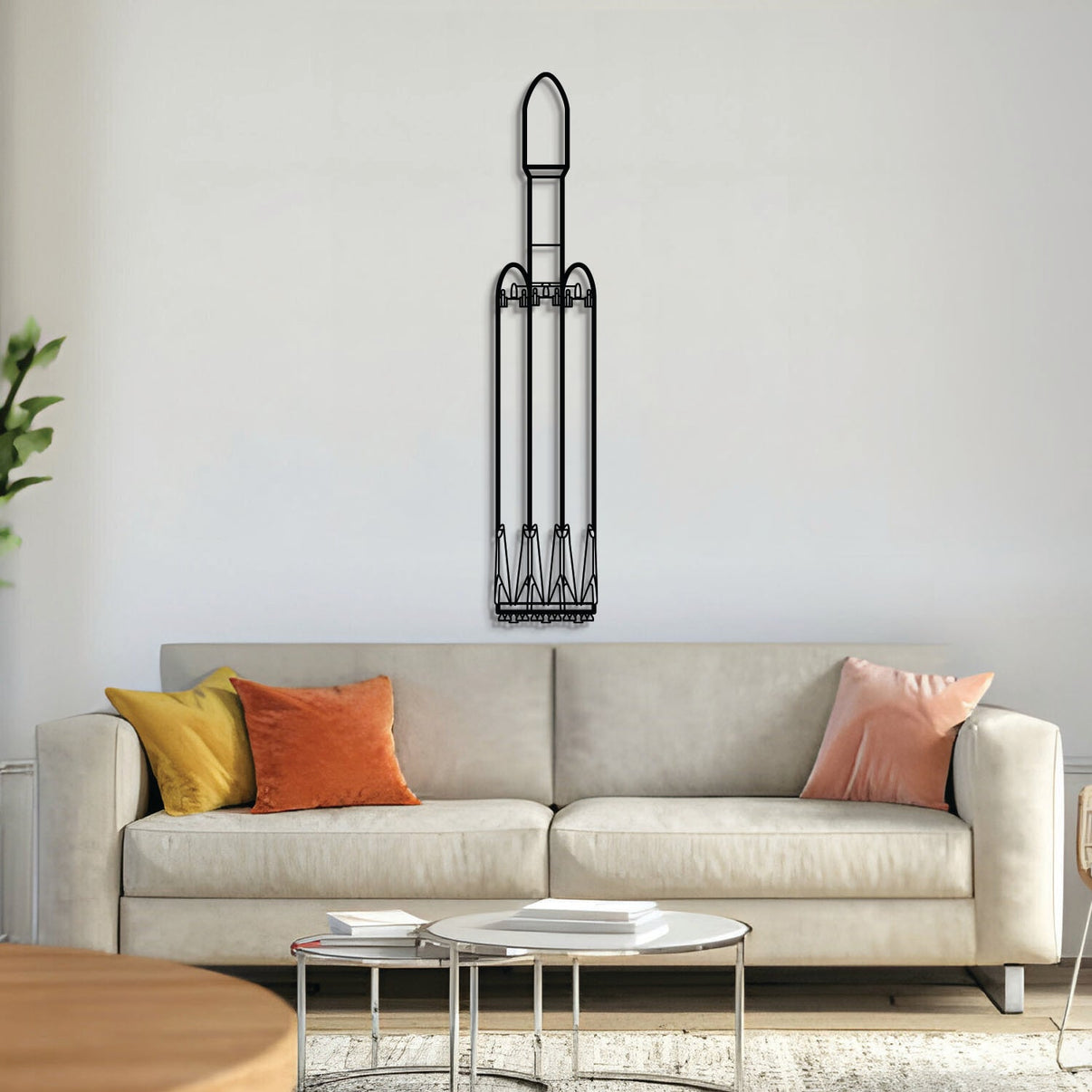 Falcon Heavy heavy-lift rocket silhouette wall art, laser‑cut 2 mm textured steel with matte finish