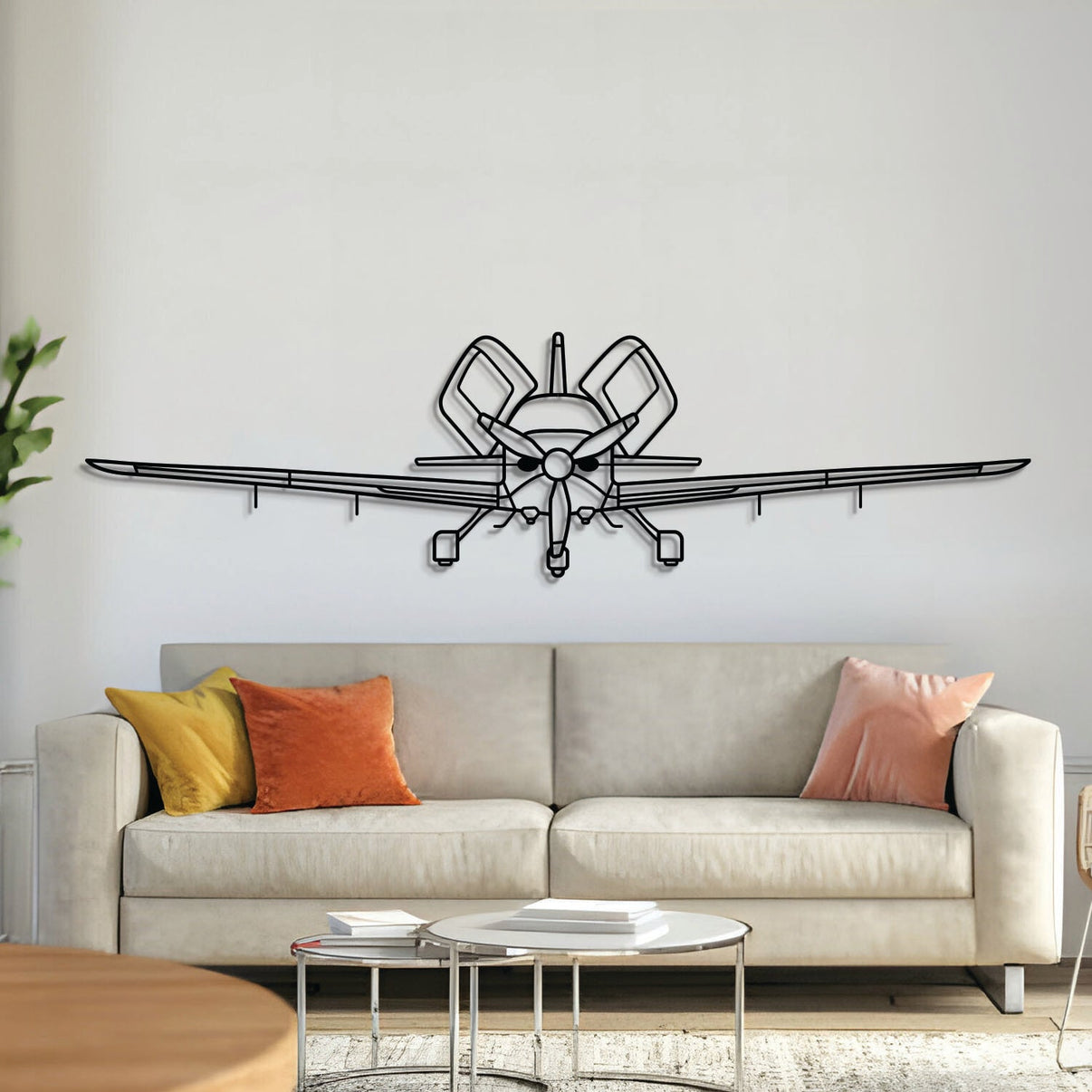 SR22T G6 front metal aircraft wall art in 2 mm laser‑cut steel with matte powder‑coated textured finish and 1 cm off‑wall elevation screws