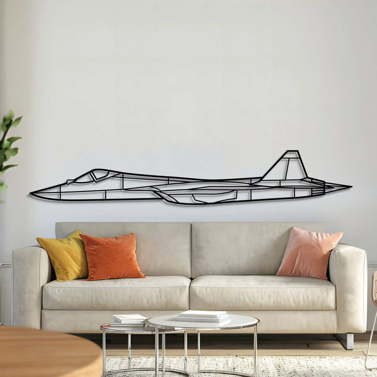 SU‑57 metal aircraft wall art, laser‑cut 2 mm steel with matte powder coat and floating 3D effect