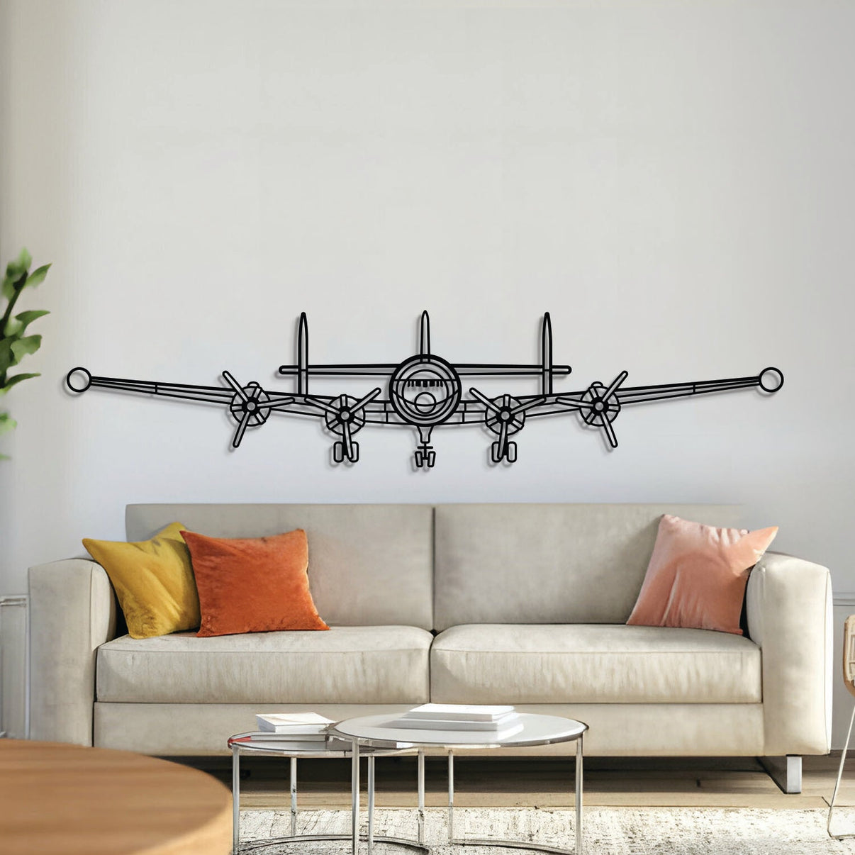 Super Constellation front metal aircraft wall art in 2 mm laser-cut steel with matte powder-coated textured finish and 3D elevation screws