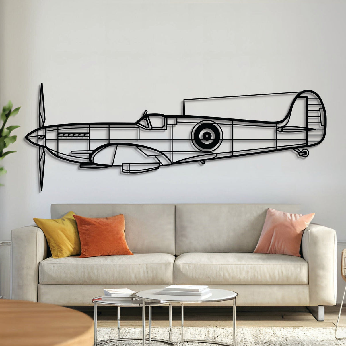 Spitfire MK IX World War II fighter silhouette wall art, laser‑cut 2 mm textured steel with matte finish