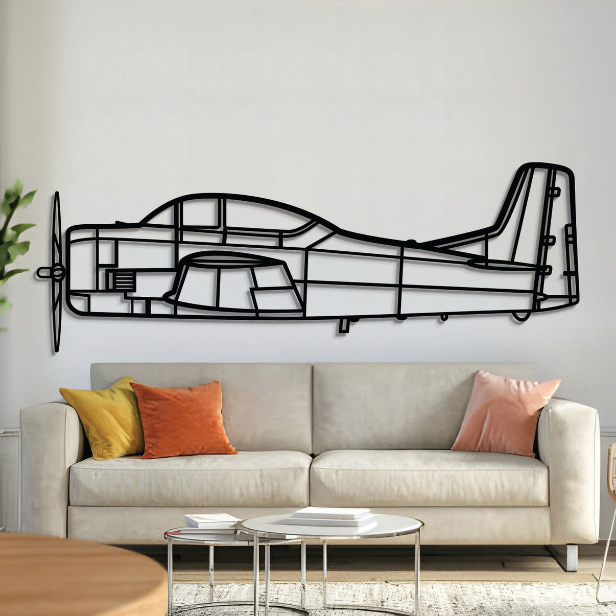 T‑28 Trojan front-view metal aircraft wall art, laser‑cut 2 mm steel with matte textured finish and 3D elevation