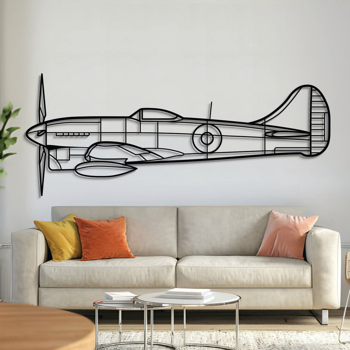 Tempest MK V metal aircraft wall art in 2 mm laser-cut steel with matte powder coating and 3D spacer screws