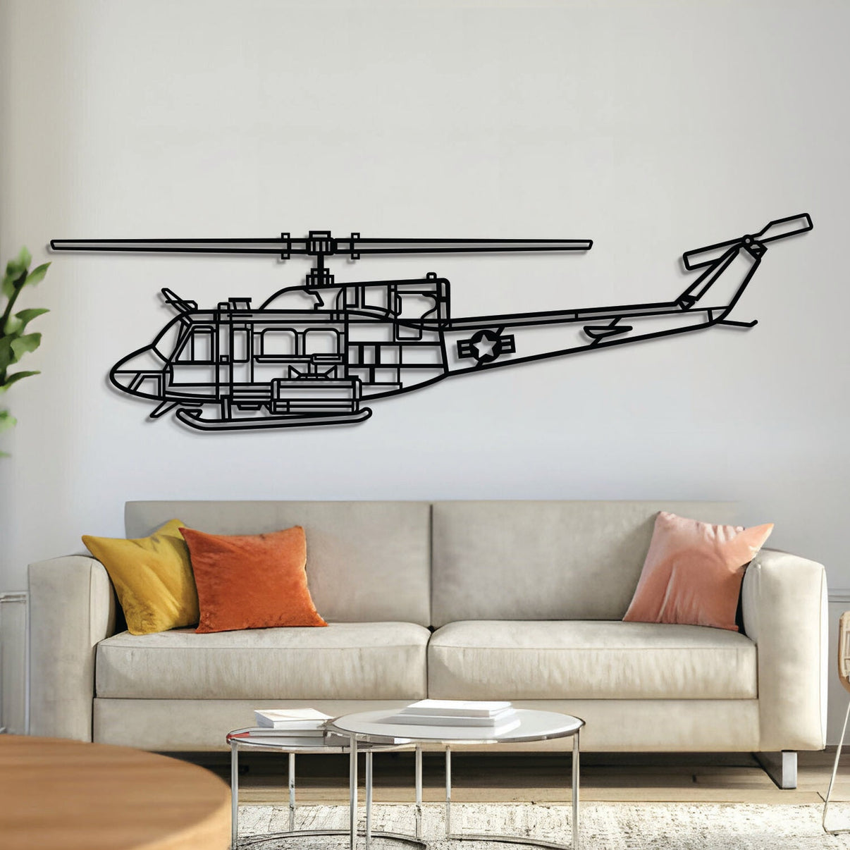 UH-1N Huey front-view metal aircraft wall art, laser-cut 2 mm steel with matte textured finish and 3D elevation