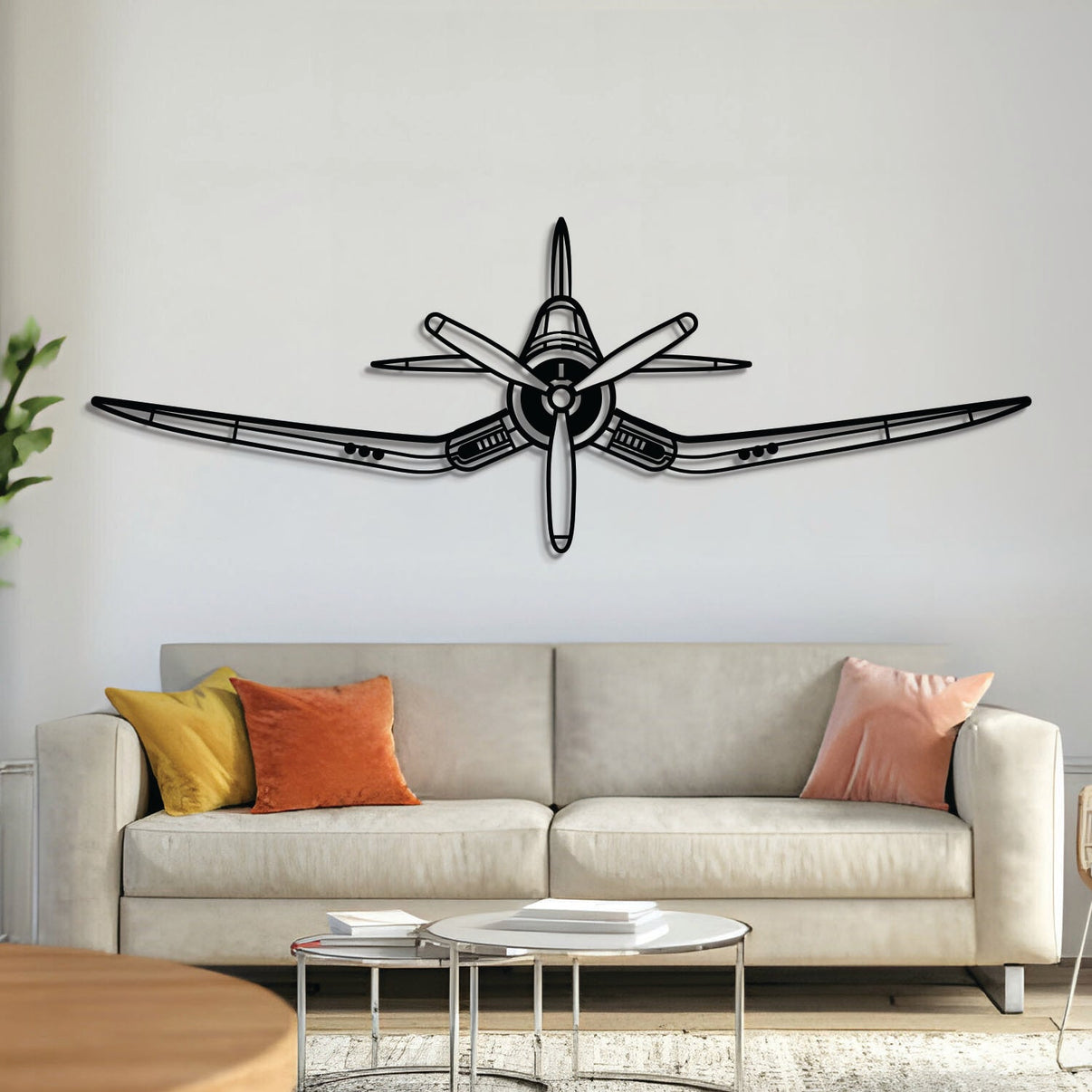 F4U Corsair front view metal aircraft wall art – laser-cut 2 mm steel with matte textured finish and floating 3D effect