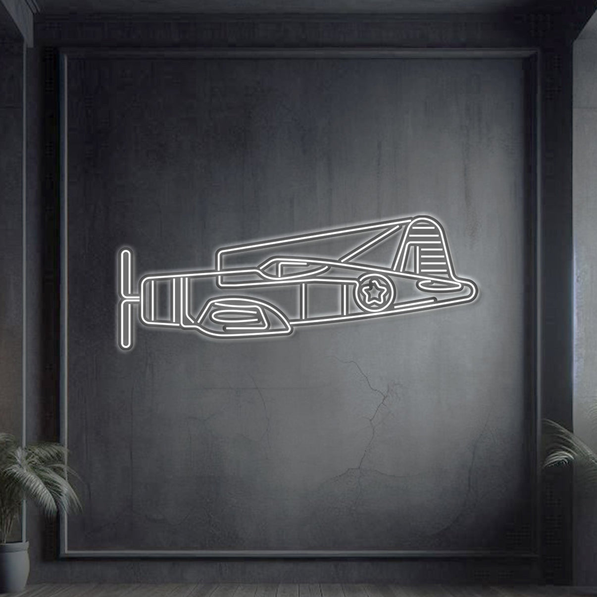F‑4U Corsair neon silhouette wall art, laser‑cut steel with inverted gull-wing profile and dynamic neon glow