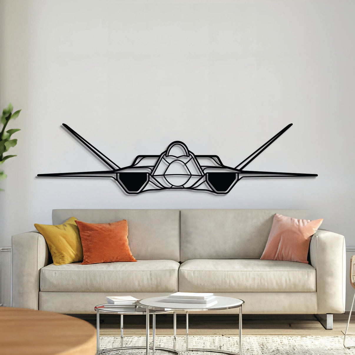 YF‑23 front metal aircraft wall art, laser‑cut 2 mm steel with matte powder coat and floating 3D effect